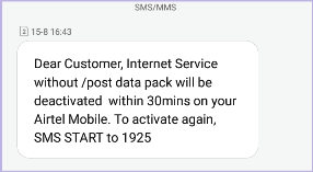 Confirmation received for no balance deduction from main balance for data usage